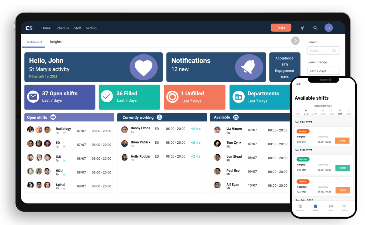 Tablet and mobile phone showing information on open shifts and staff availability on CliniShift's Manager portal and app.