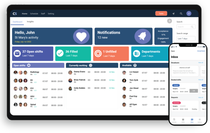 CliniShift Manager portal showing the dashboard with all staff shift information and the CliniShift App showing the inbox.