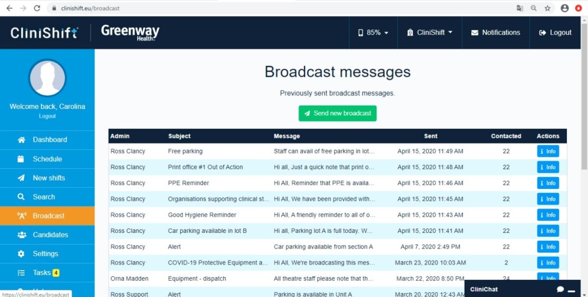 Sending broadcasts - CliniShift